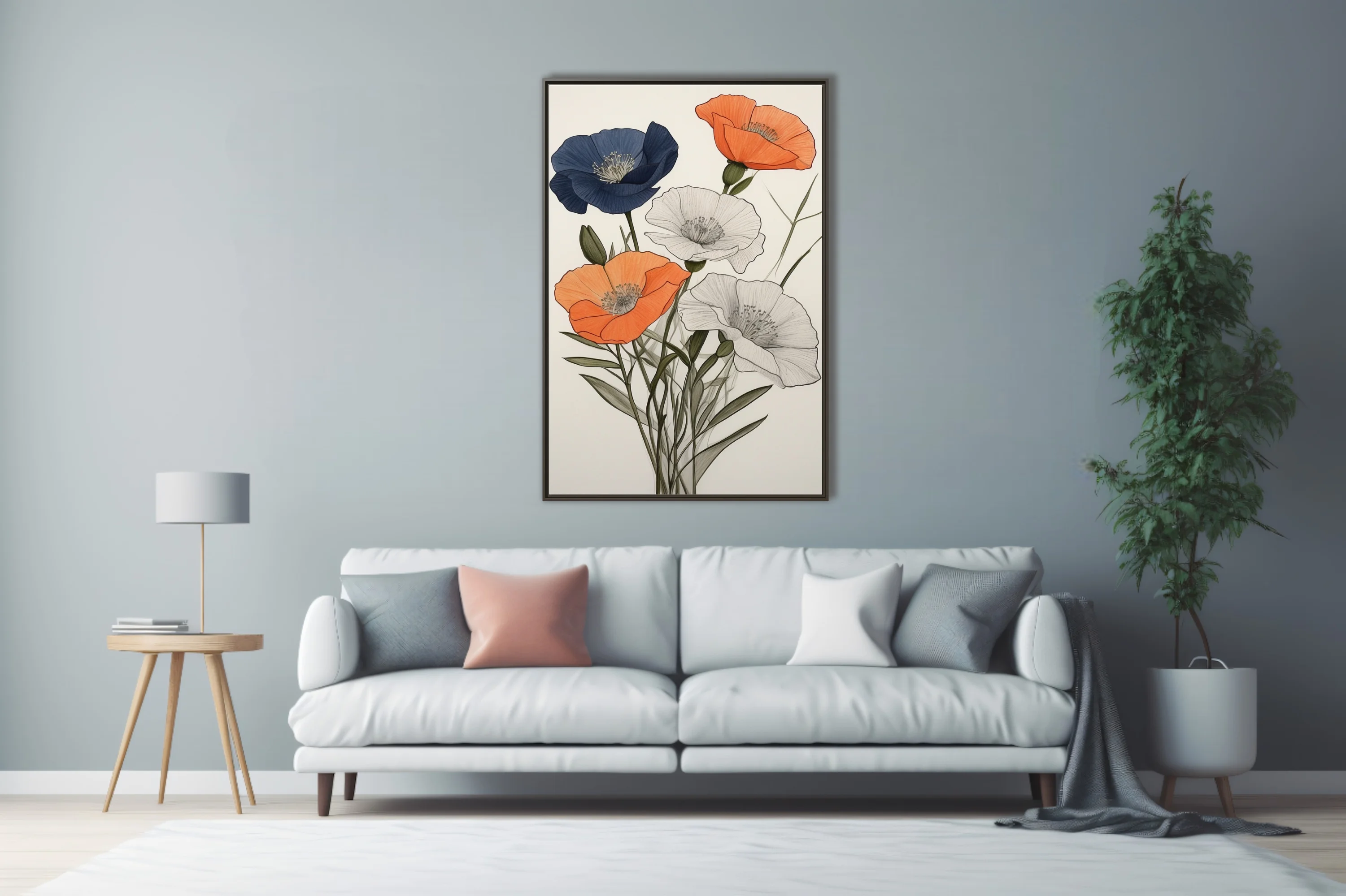 Ink-style poppy illustration in navy, orange, and pencil sketch on white