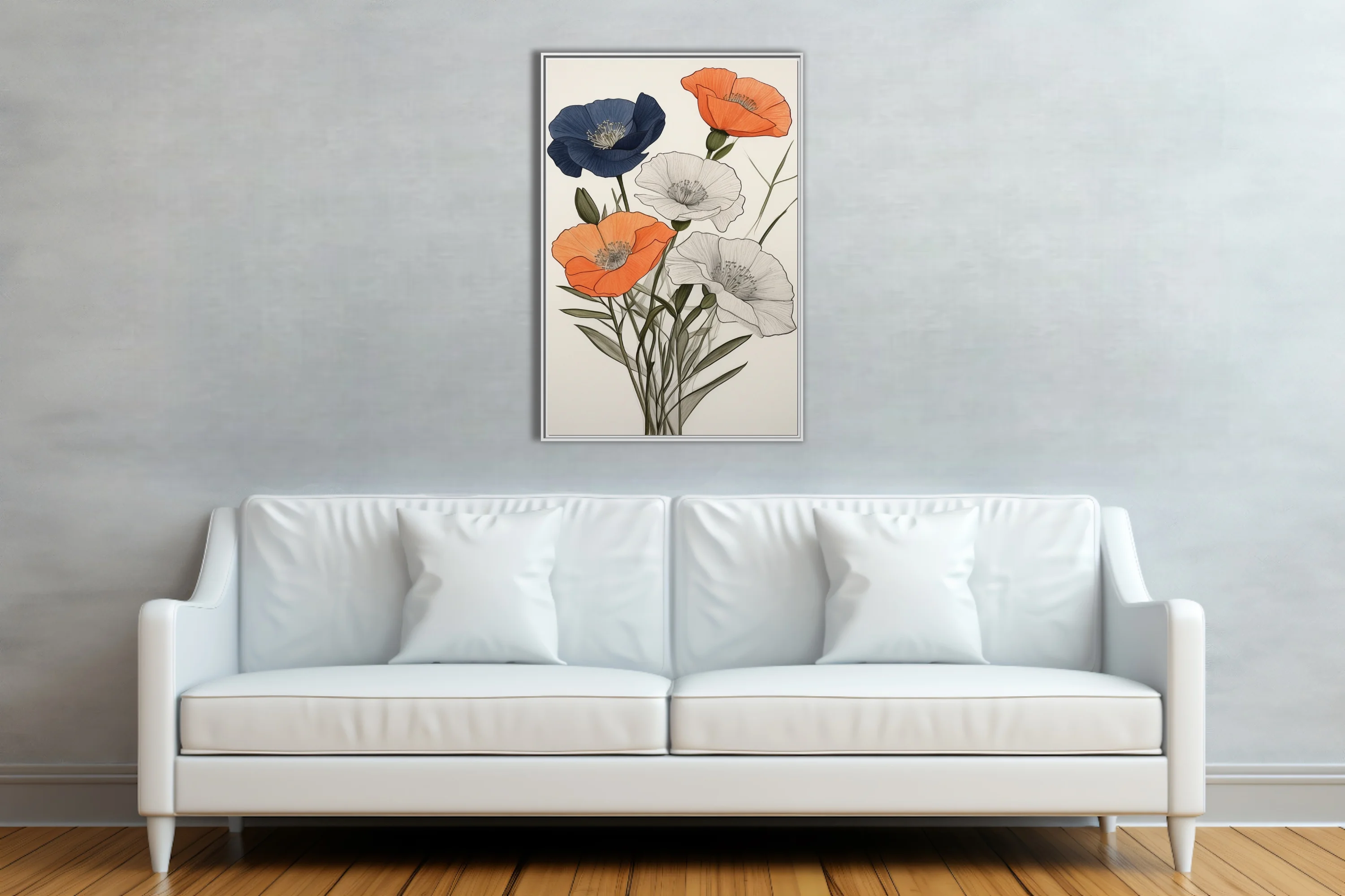 Ink-style poppy illustration in navy, orange, and pencil sketch on white