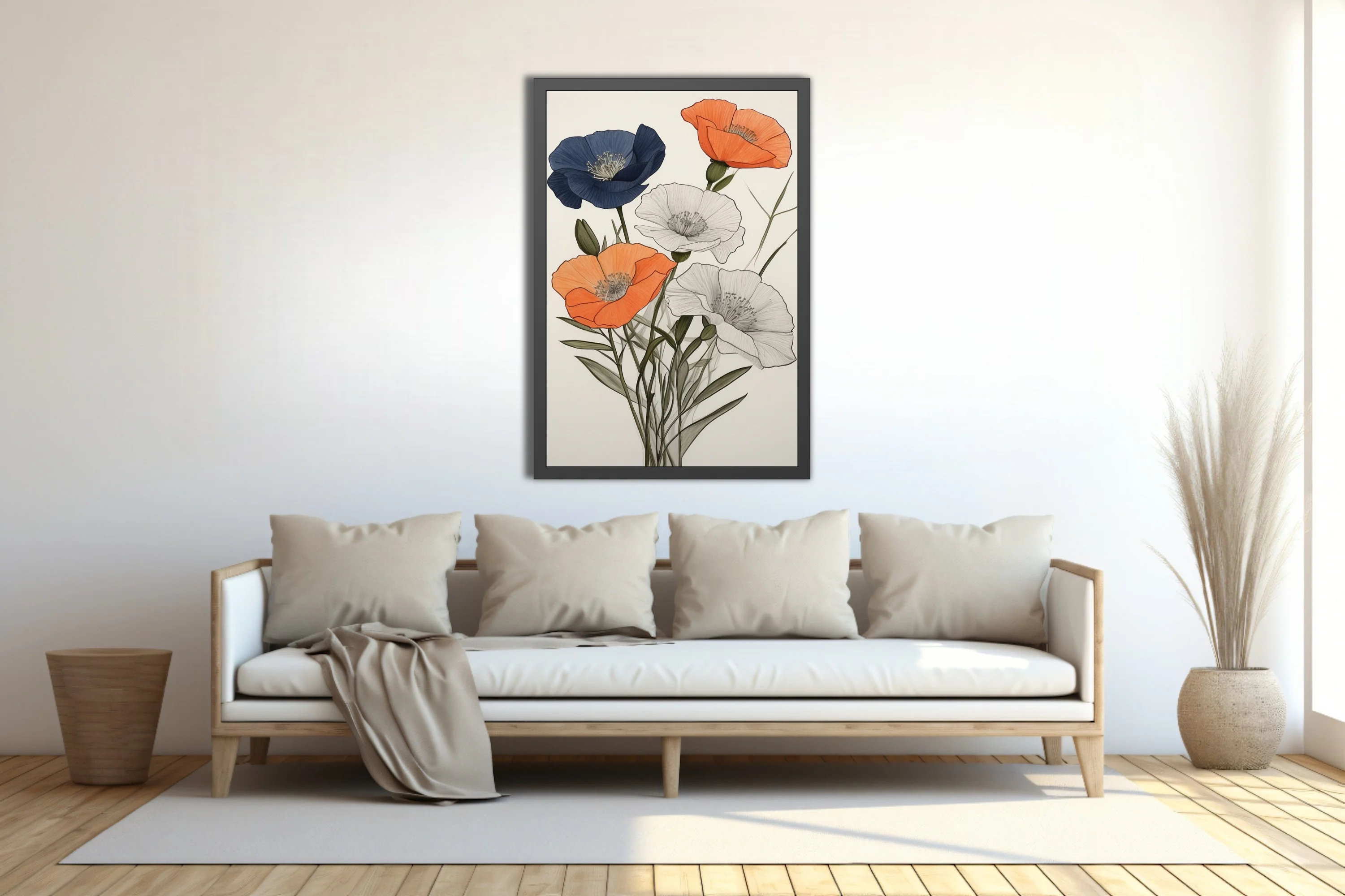 Ink-style poppy illustration in navy, orange, and pencil sketch on white