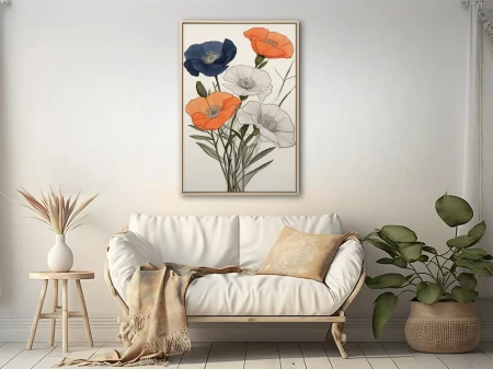 Ink-style poppy illustration in navy, orange, and pencil sketch on white