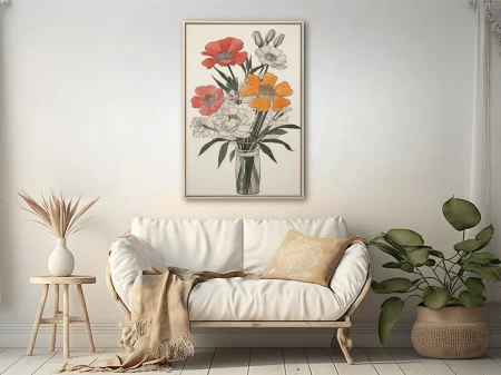 Ink-style floral illustration with selectively colored red and orange blooms in a glass vase