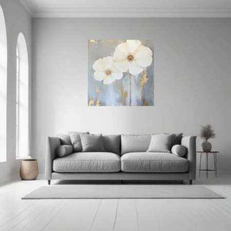 Abstract white floral art with gold accents on grey — elegant wall decor