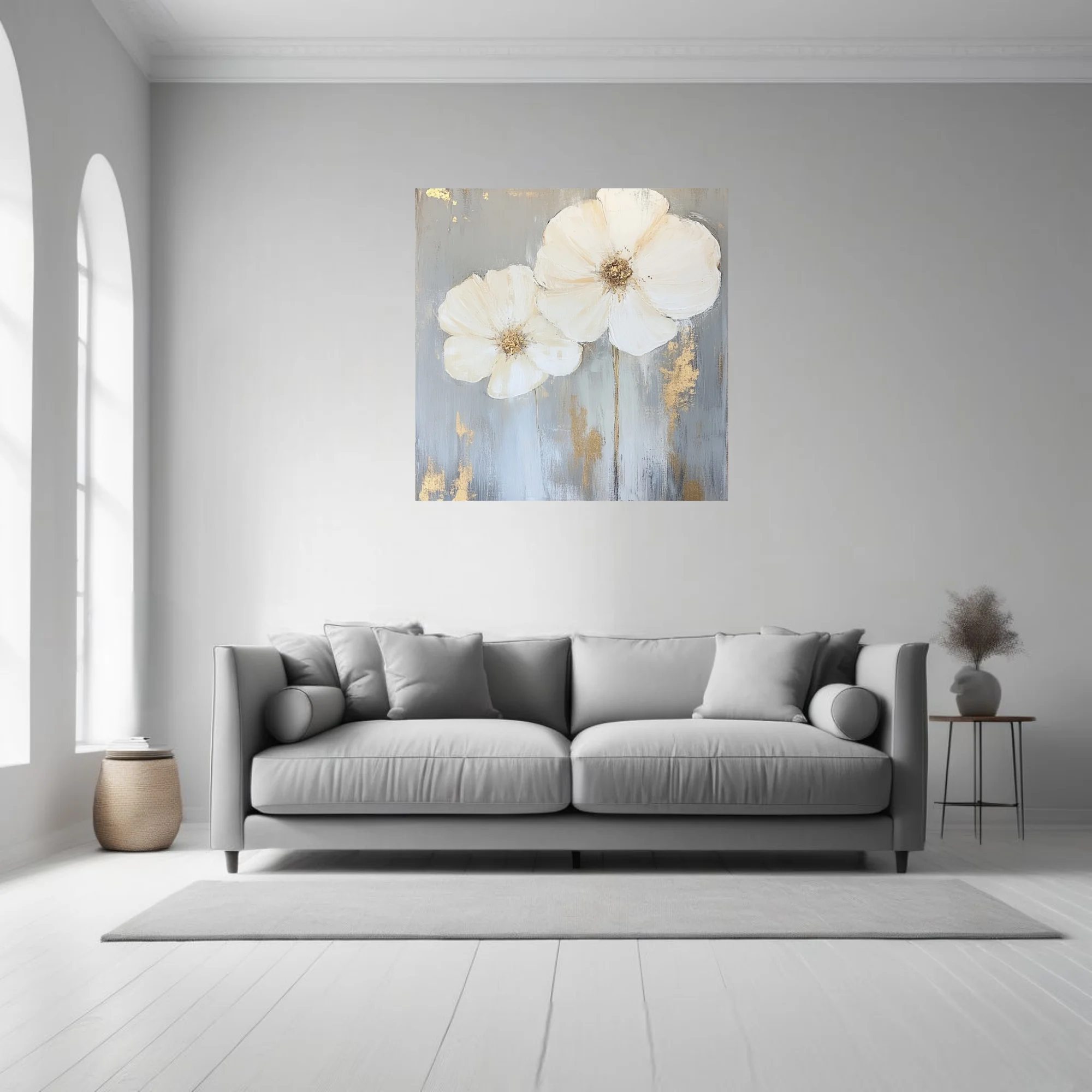 Abstract white floral art with gold accents on grey — elegant wall decor