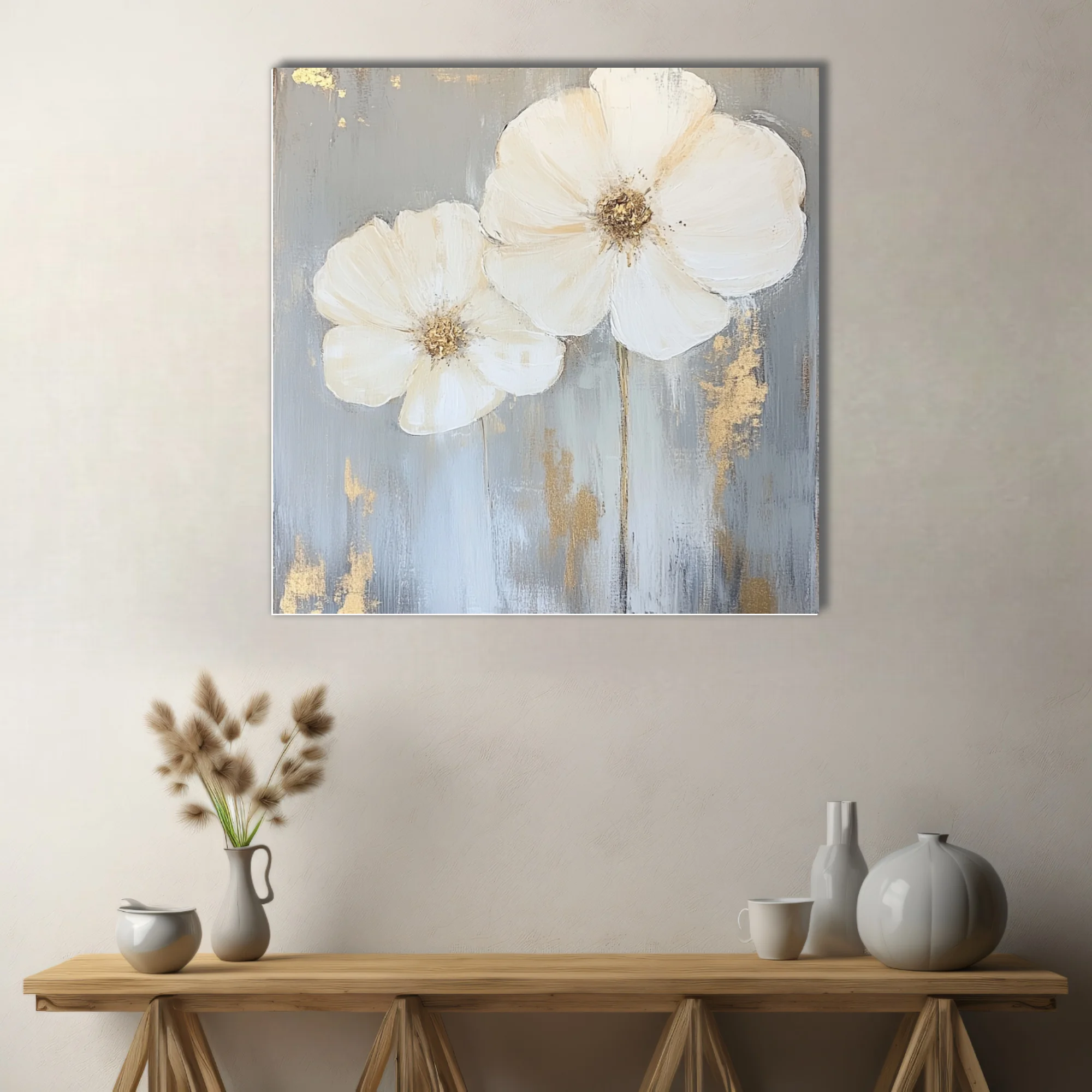 Abstract white floral art with gold accents on grey — elegant wall decor