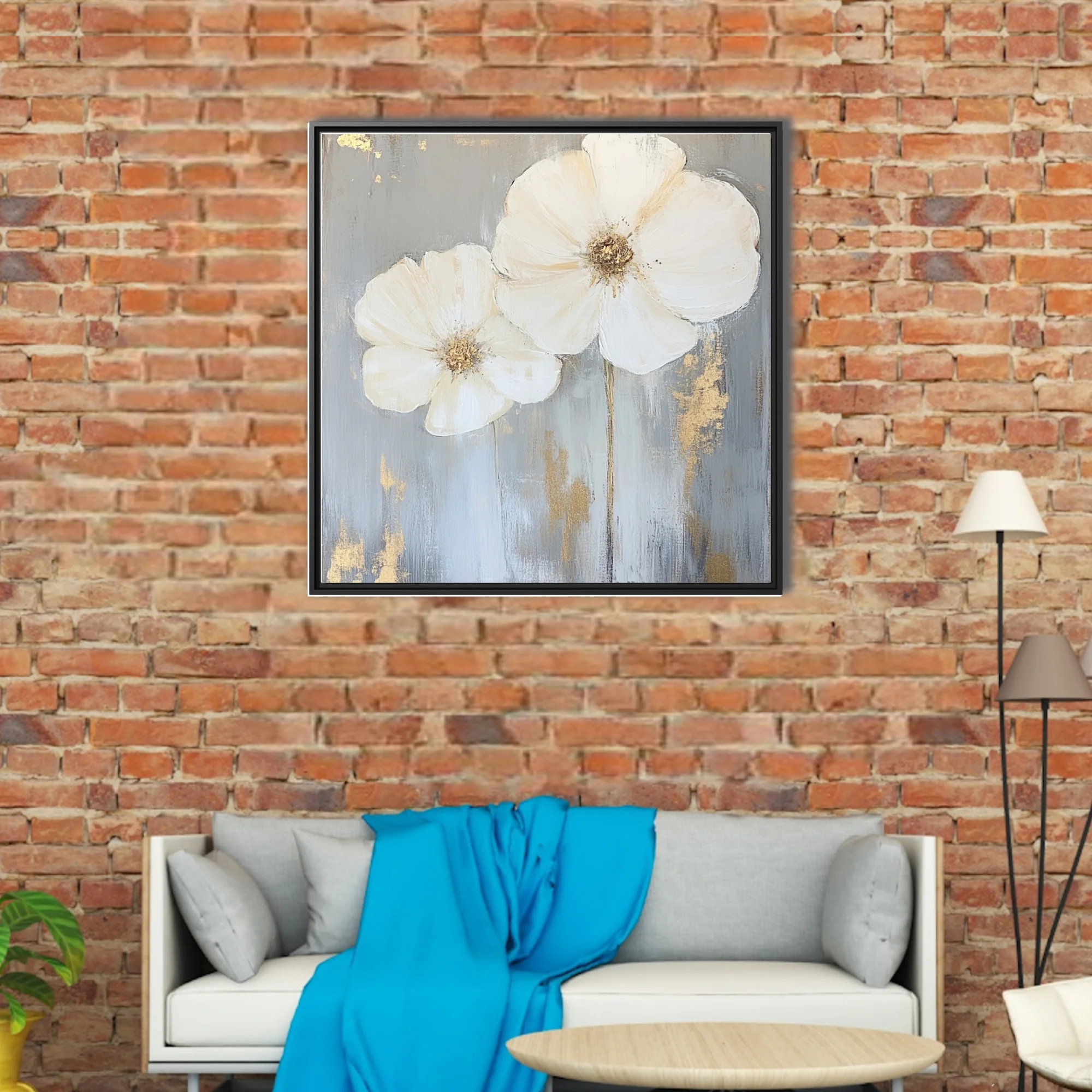 Abstract white floral art with gold accents on grey — elegant wall decor
