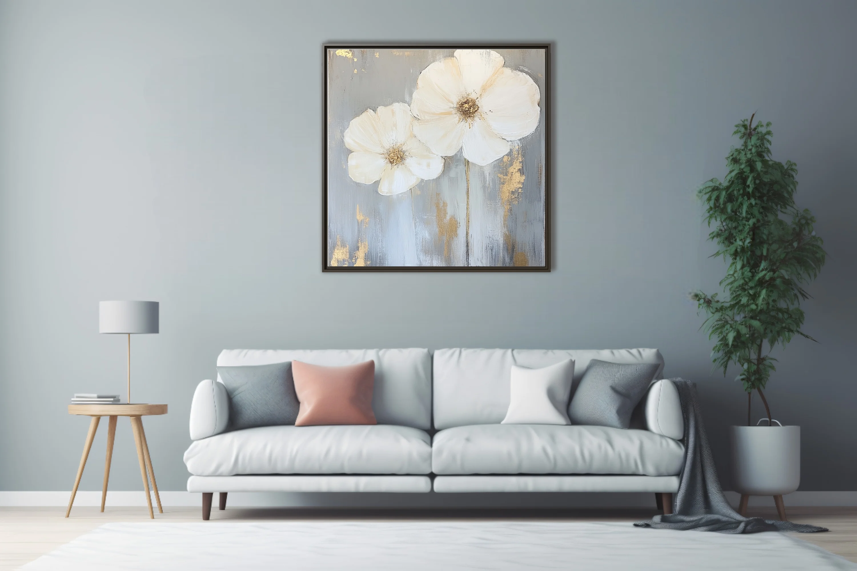 Abstract white floral art with gold accents on grey — elegant wall decor