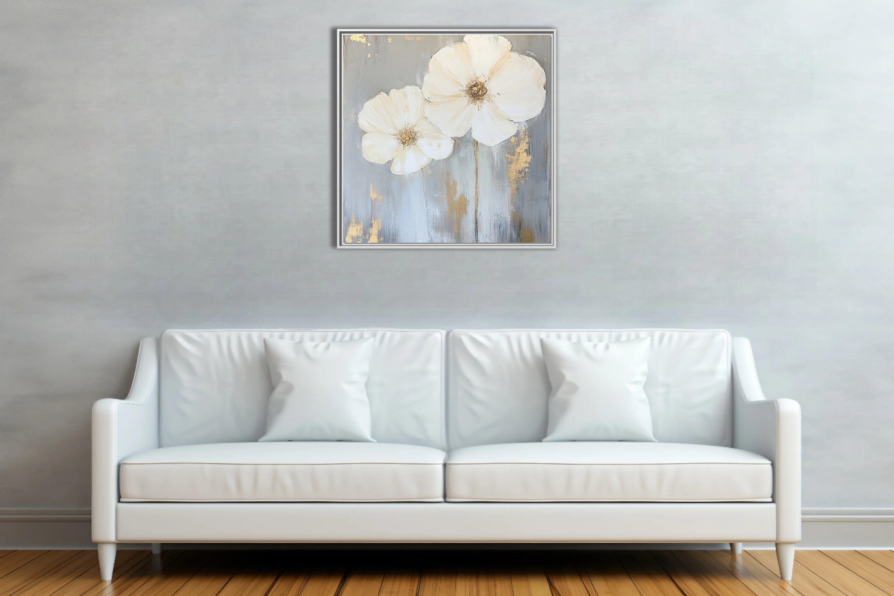 Abstract white floral art with gold accents on grey — elegant wall decor