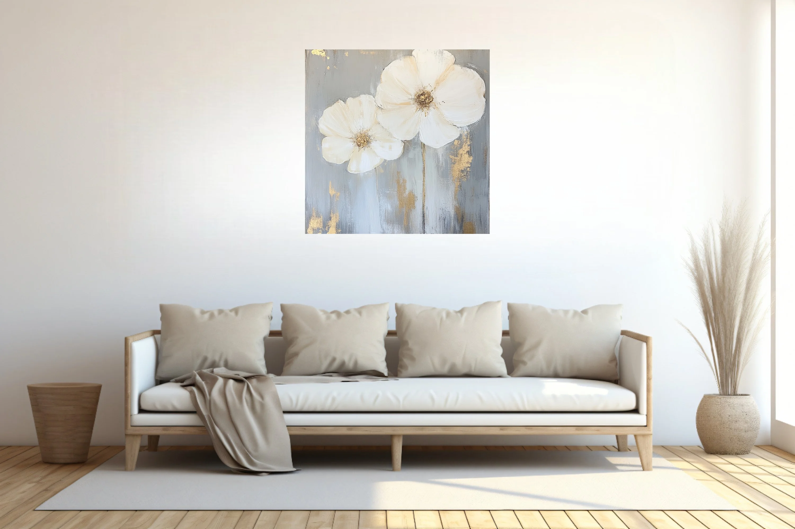 Abstract white floral art with gold accents on grey — elegant wall decor