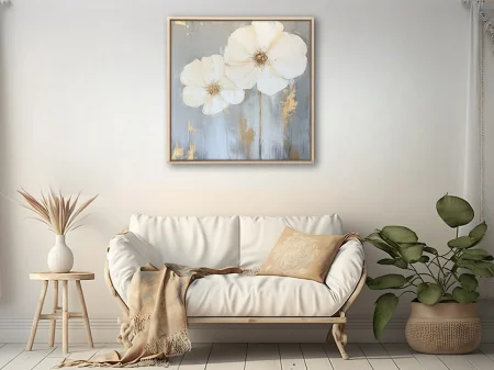 Abstract white floral art with gold accents on grey — elegant wall decor