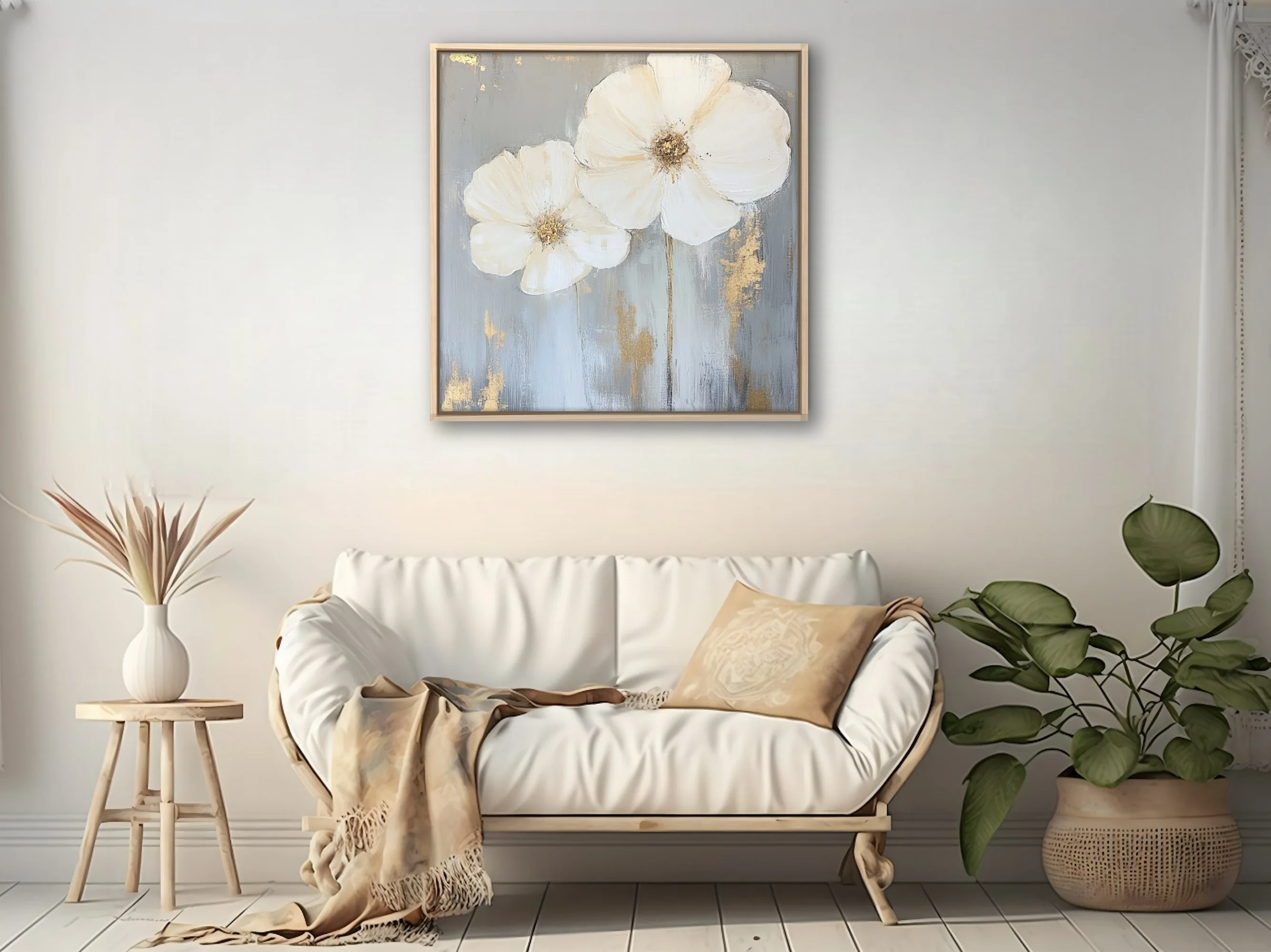 Abstract white floral art with gold accents on grey — elegant wall decor