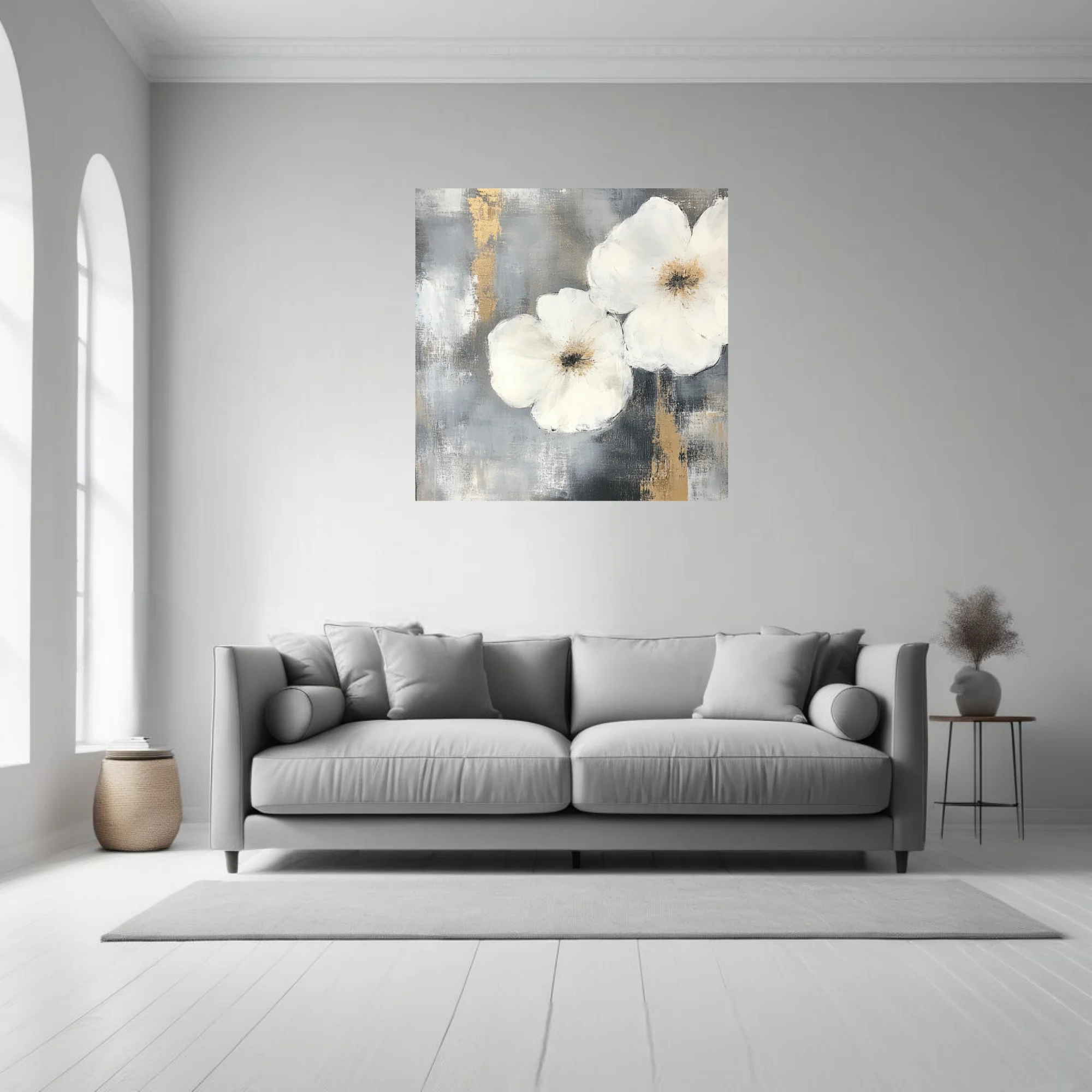 Abstract white floral art with gold and grey painterly background