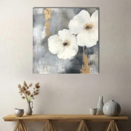 Abstract white floral art with gold and grey painterly background