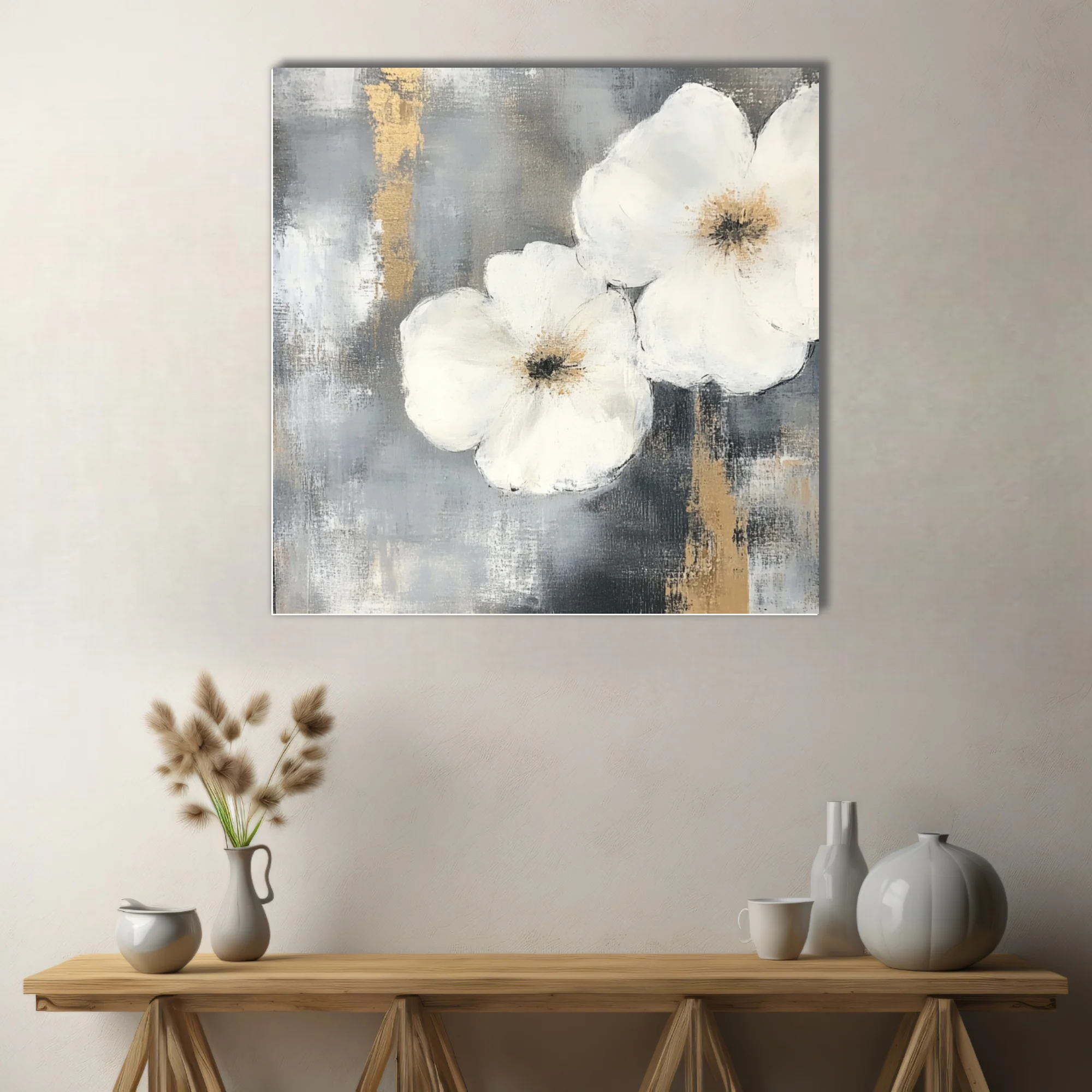 Abstract white floral art with gold and grey painterly background