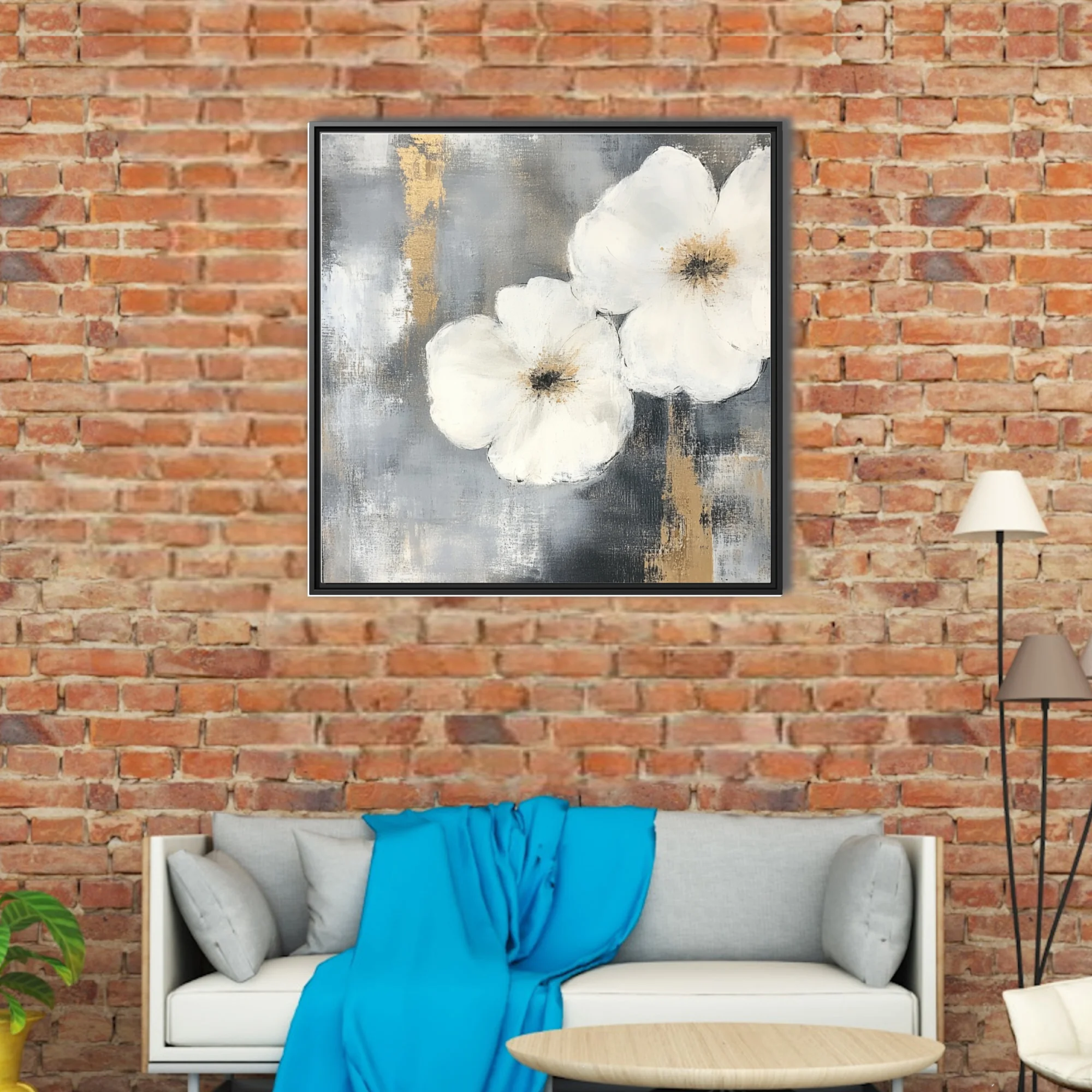 Abstract white floral art with gold and grey painterly background