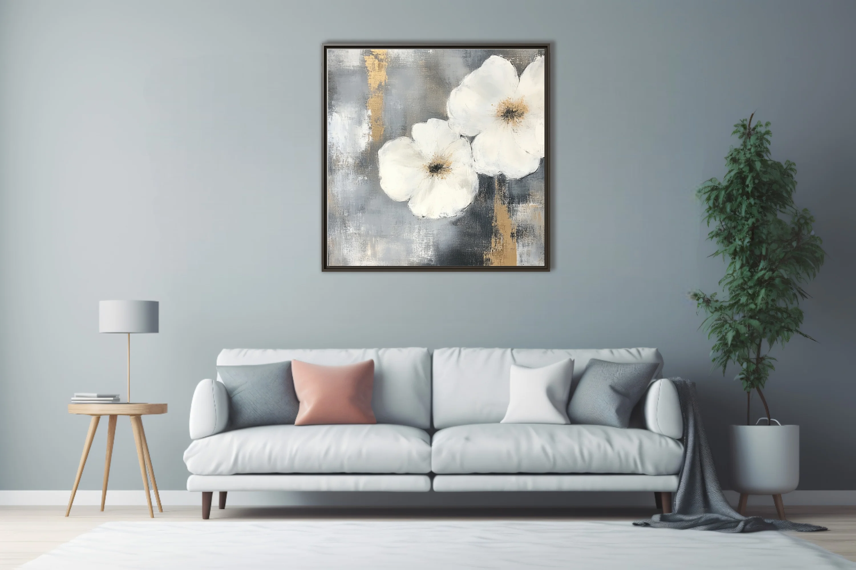 Abstract white floral art with gold and grey painterly background