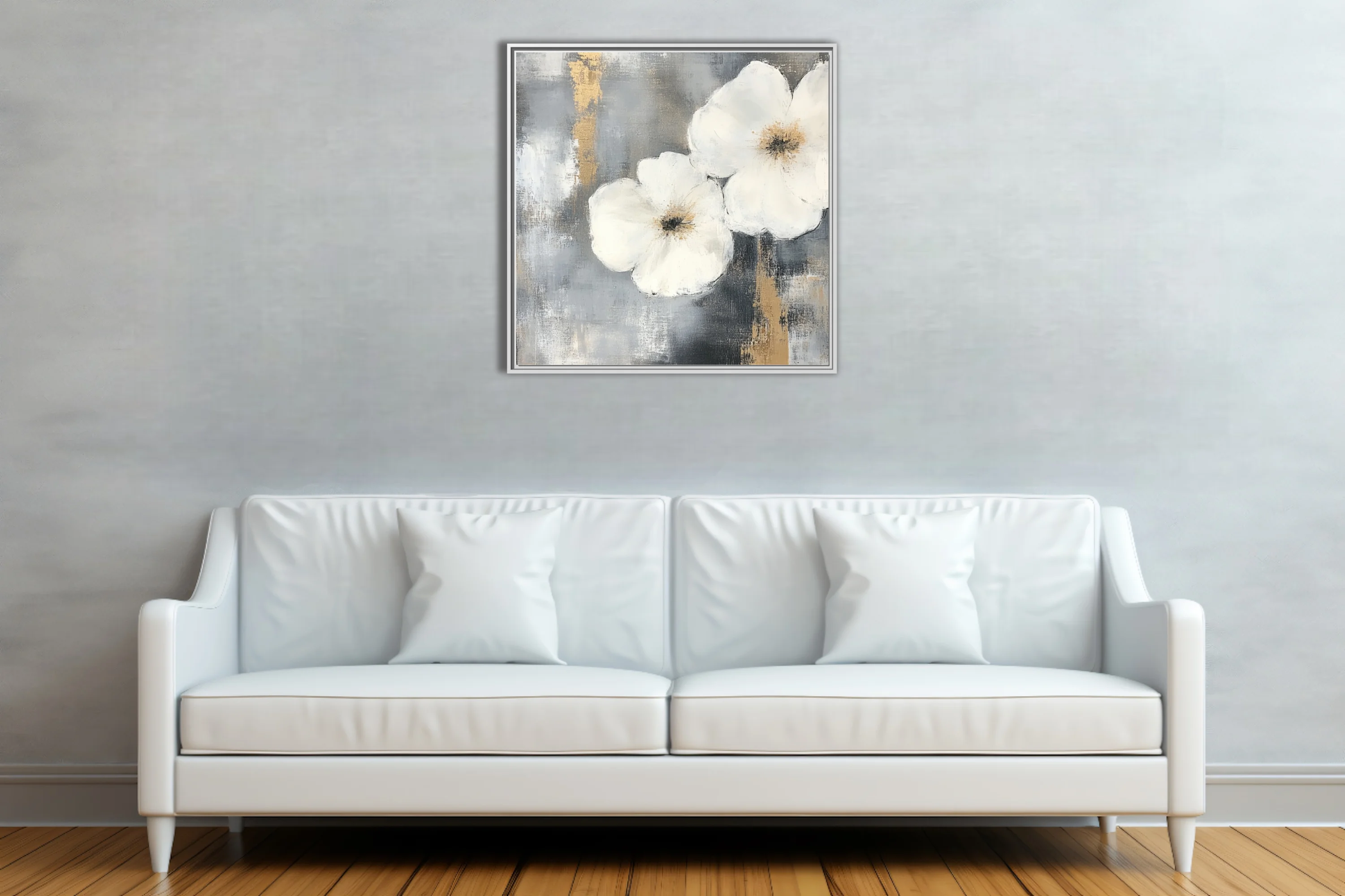 Abstract white floral art with gold and grey painterly background