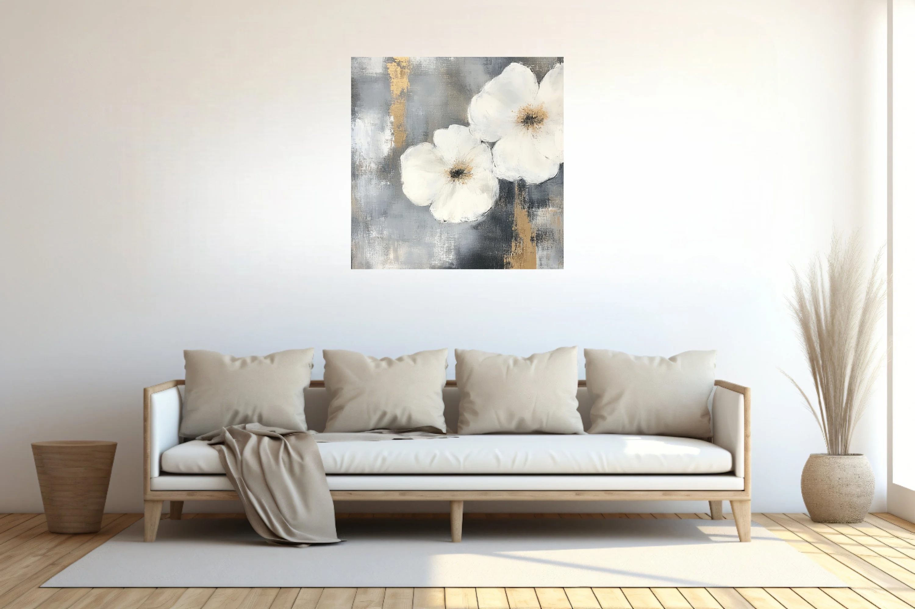 Abstract white floral art with gold and grey painterly background