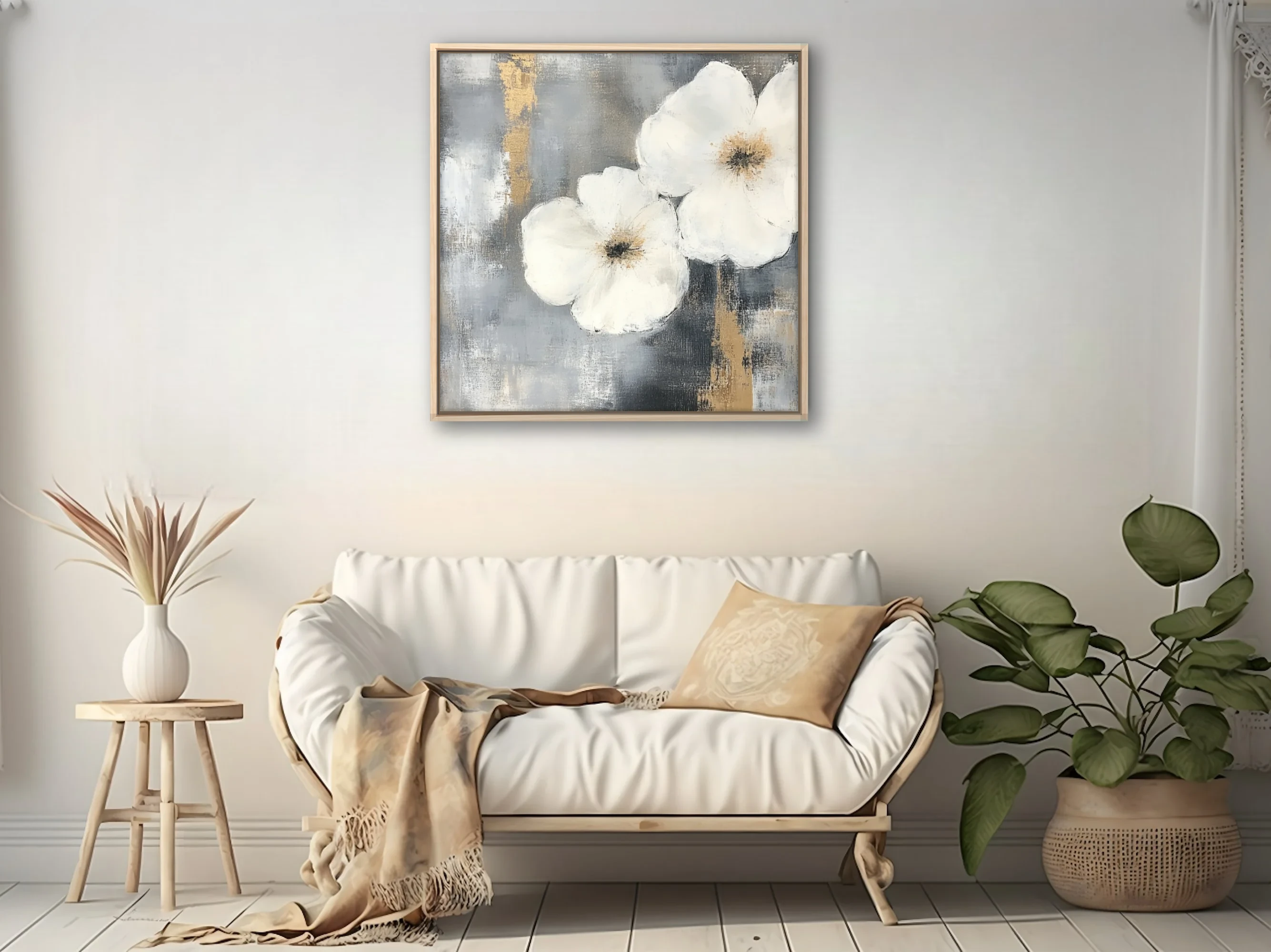 Abstract white floral art with gold and grey painterly background