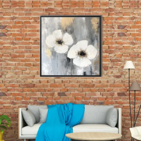 Abstract white floral art print, grey and gold palette, painterly textured style