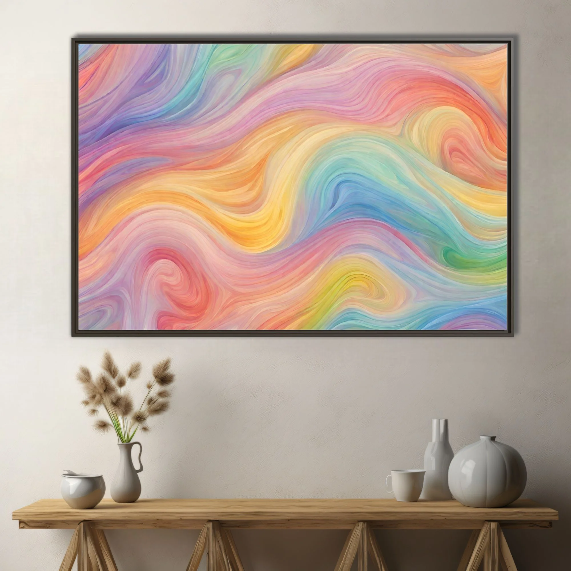 Pastel rainbow swirl abstract art with fluid watercolor-style waves