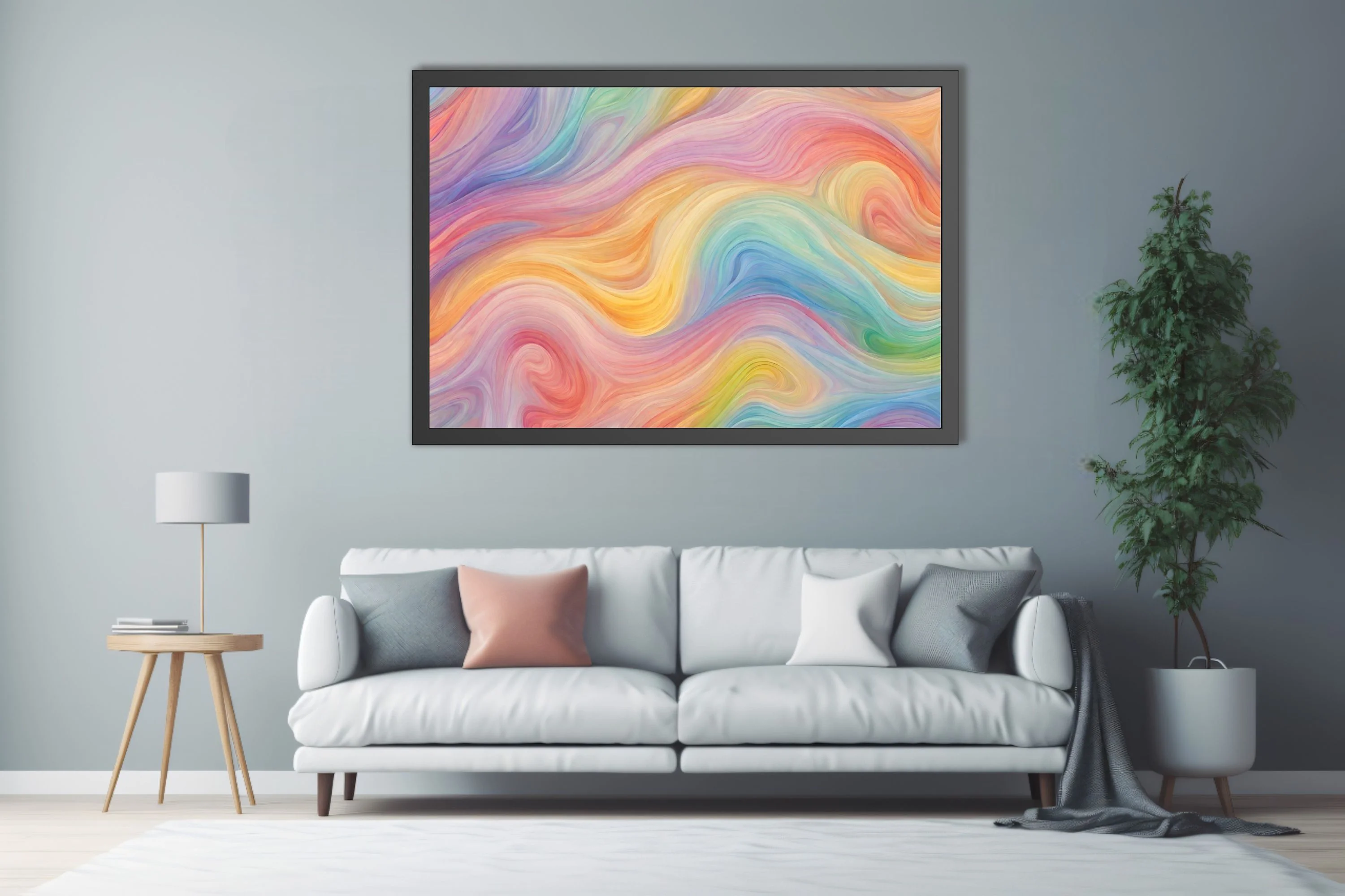 Pastel rainbow swirl abstract art with fluid watercolor-style waves