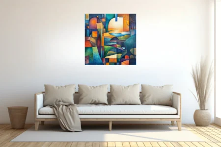 Geometric abstract landscape with jewel-tone geometry, rolling terrain, and luminous celestial forms