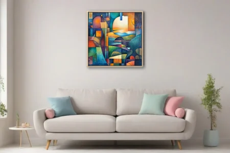 Geometric abstract landscape with jewel-tone geometry, rolling terrain, and luminous celestial forms