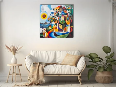 Geometric abstract coastal village scene in vivid primary colors and geometric forms