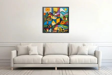 Geometric folk abstract village scene saturated colors geometric patterned shapes