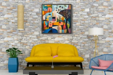 Folk-art abstract landscape with patchwork geometry, stylized trees, vivid mosaic palette