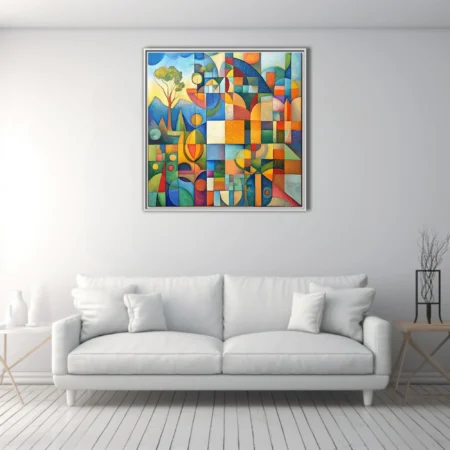 Geometric abstract landscape with geometric patchwork in vibrant multicolor tones