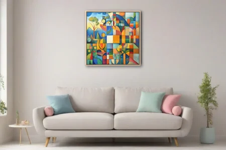 Geometric abstract landscape with geometric patchwork in vibrant multicolor tones