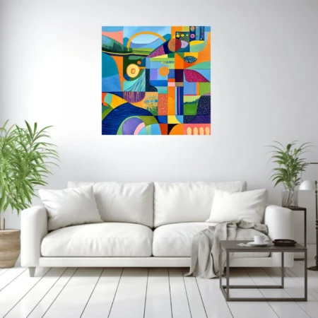 Colorful abstract patchwork composition with geometric grids and organic curves in jewel tones