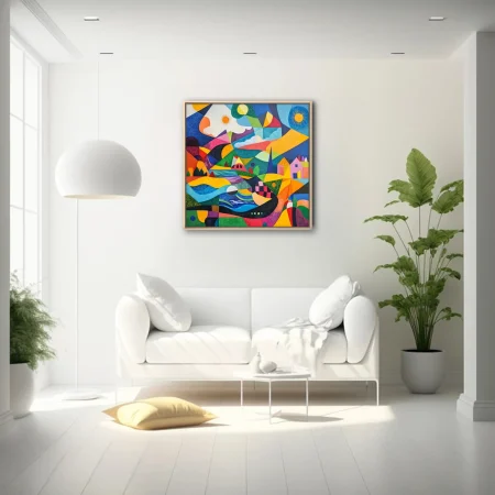 Geometric abstract landscape with vivid multicolor geometry, village forms, and celestial elements
