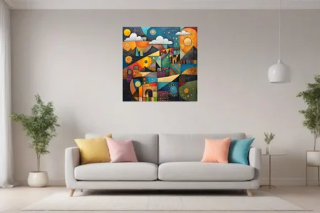 Geometric folk abstract cityscape with teal, orange, and gold geometric forms