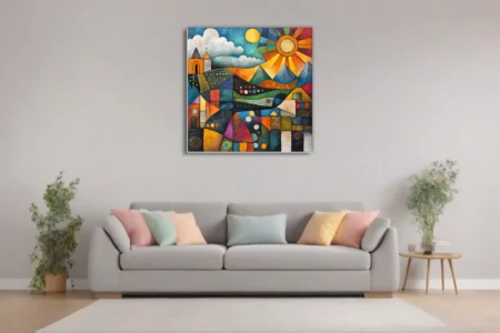 Folk art abstract landscape with vivid geometric patchwork, celestial forms, and earthy jewel tones