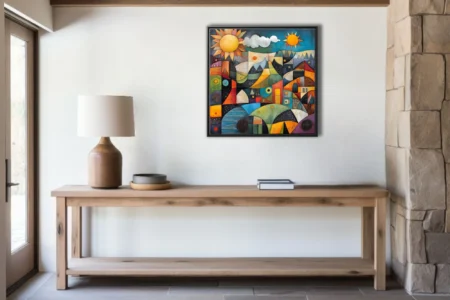 Folk art abstract landscape with geometric hills, suns, and architecture in vivid warm tones