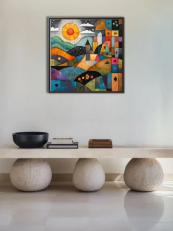Abstract folk art landscape with bold colors, celestial elements, and geometric patchwork