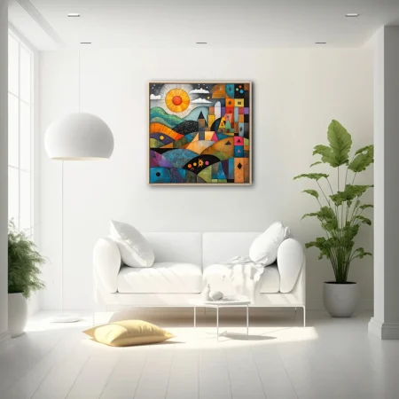 Abstract folk art landscape with bold colors, celestial elements, and geometric patchwork