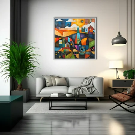 Geometric folk-art abstract townscape with jewel-toned geometric shapes and celestial forms