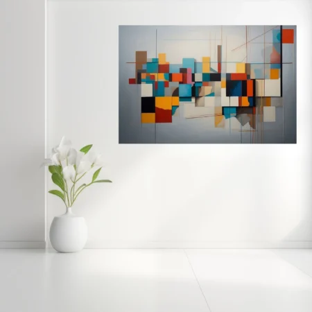 Abstract geometric composition in red, teal, yellow, and black