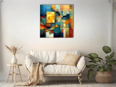 Geometric abstract in teal, ochre and indigo with textured geometric planes and a golden focal form