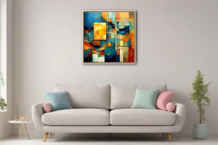 Geometric abstract in teal, ochre and indigo with textured geometric planes and a golden focal form