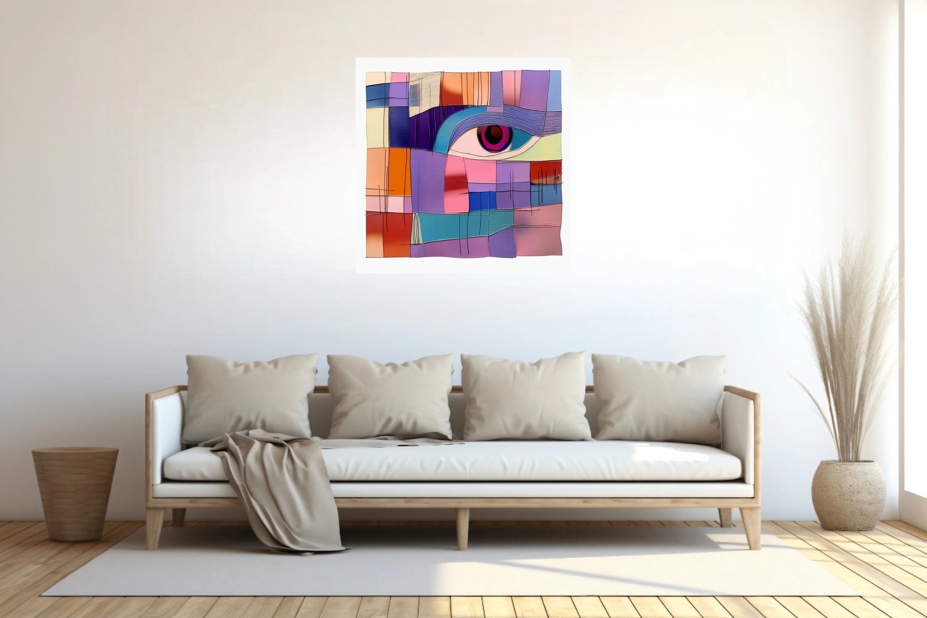 Geometric abstract face with vivid jewel-toned eye, geometric color block patchwork