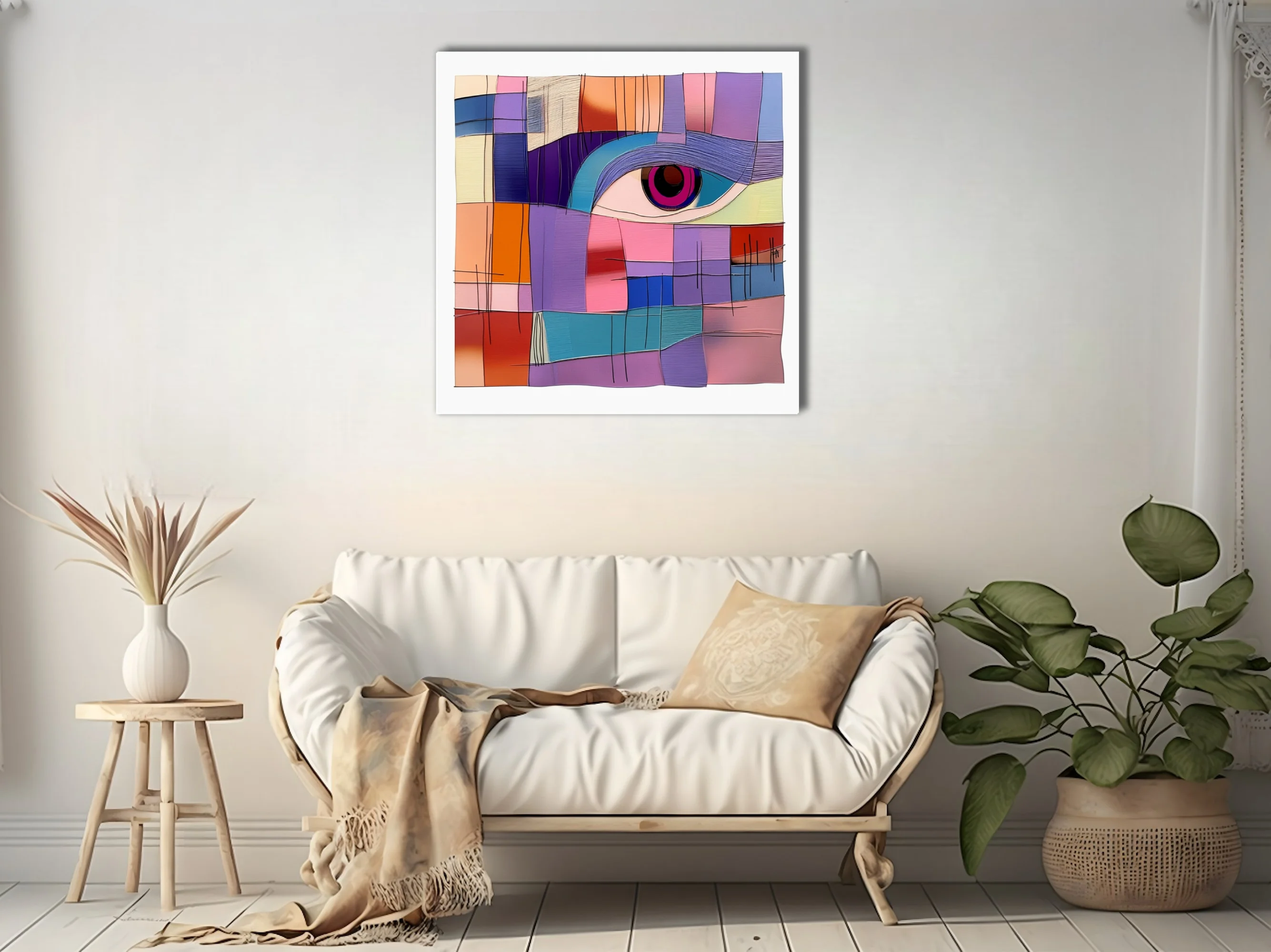 Geometric abstract face with vivid jewel-toned eye, geometric color block patchwork