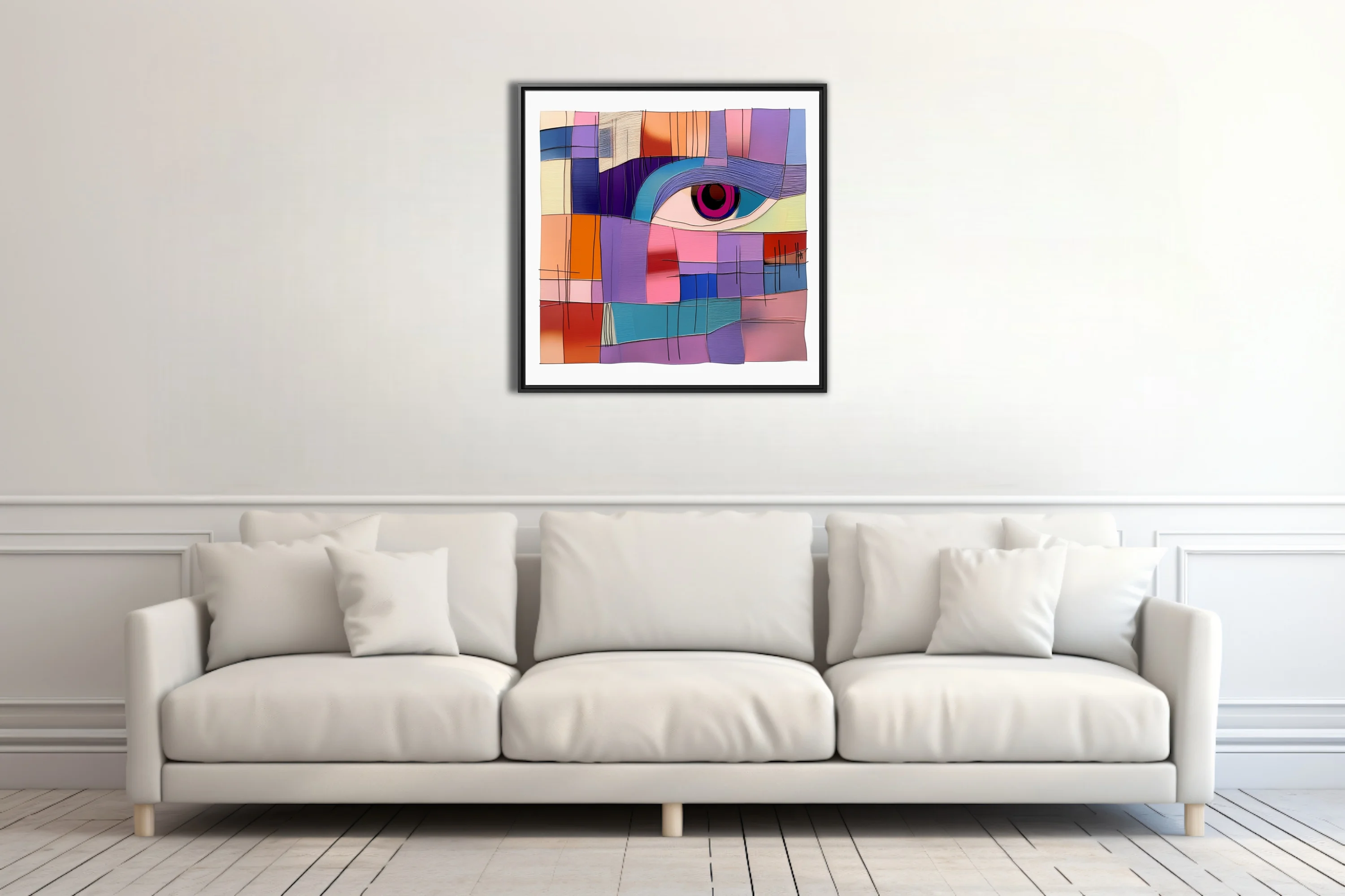 Geometric abstract face with vivid jewel-toned eye, geometric color block patchwork