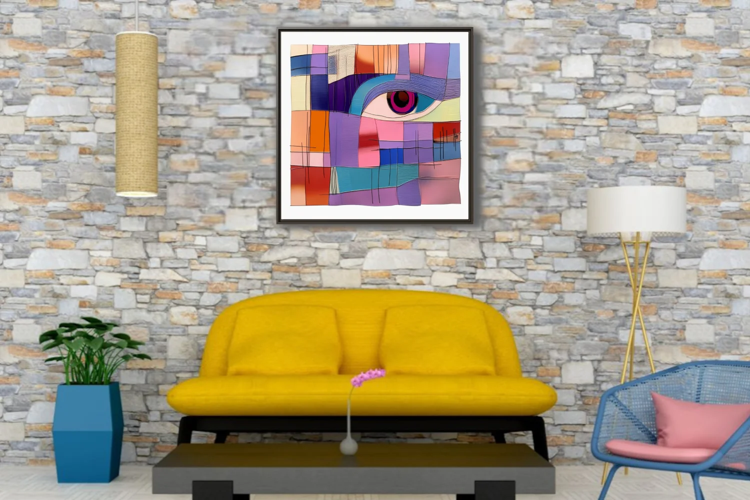 Geometric abstract face with vivid jewel-toned eye, geometric color block patchwork