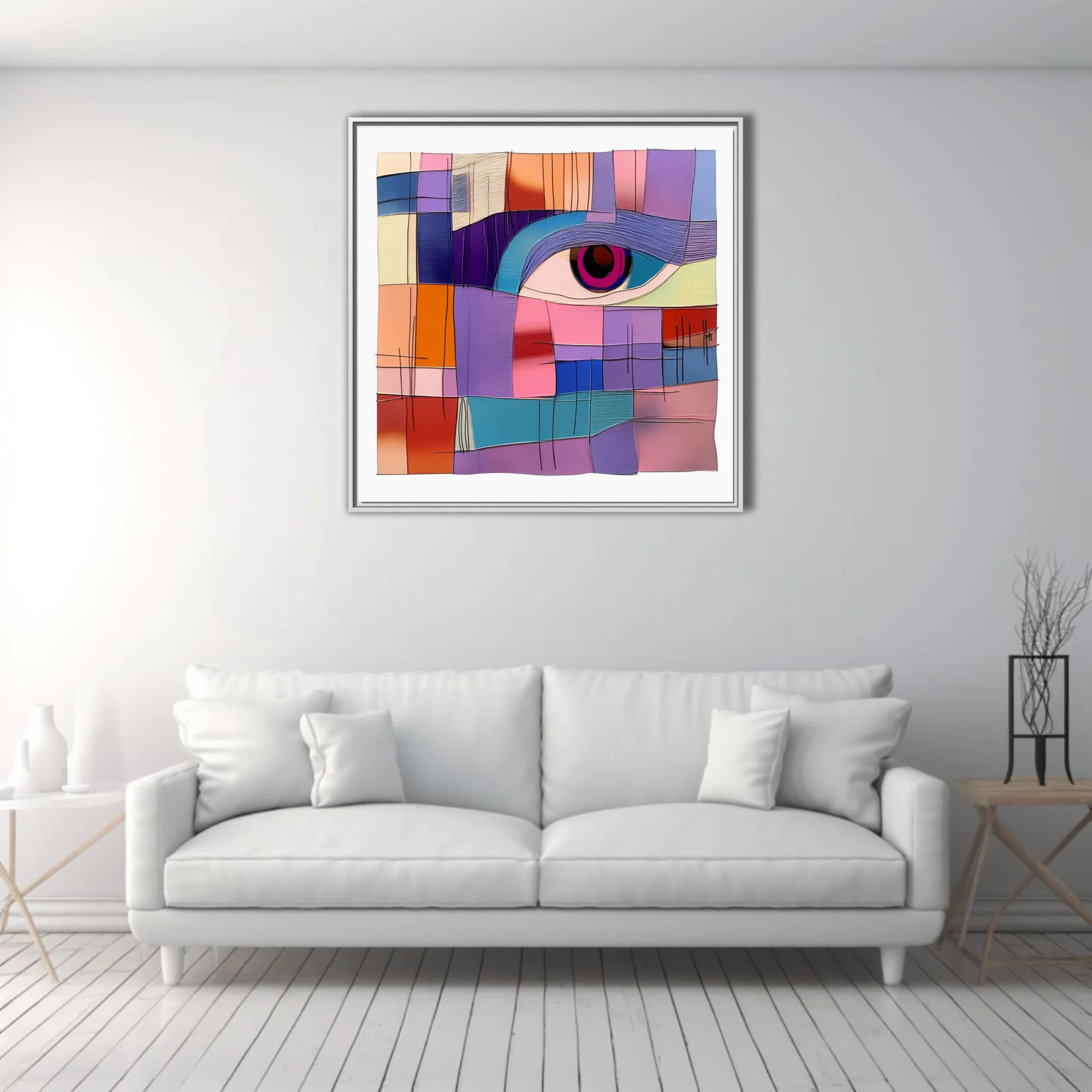 Geometric abstract face with vivid jewel-toned eye, geometric color block patchwork