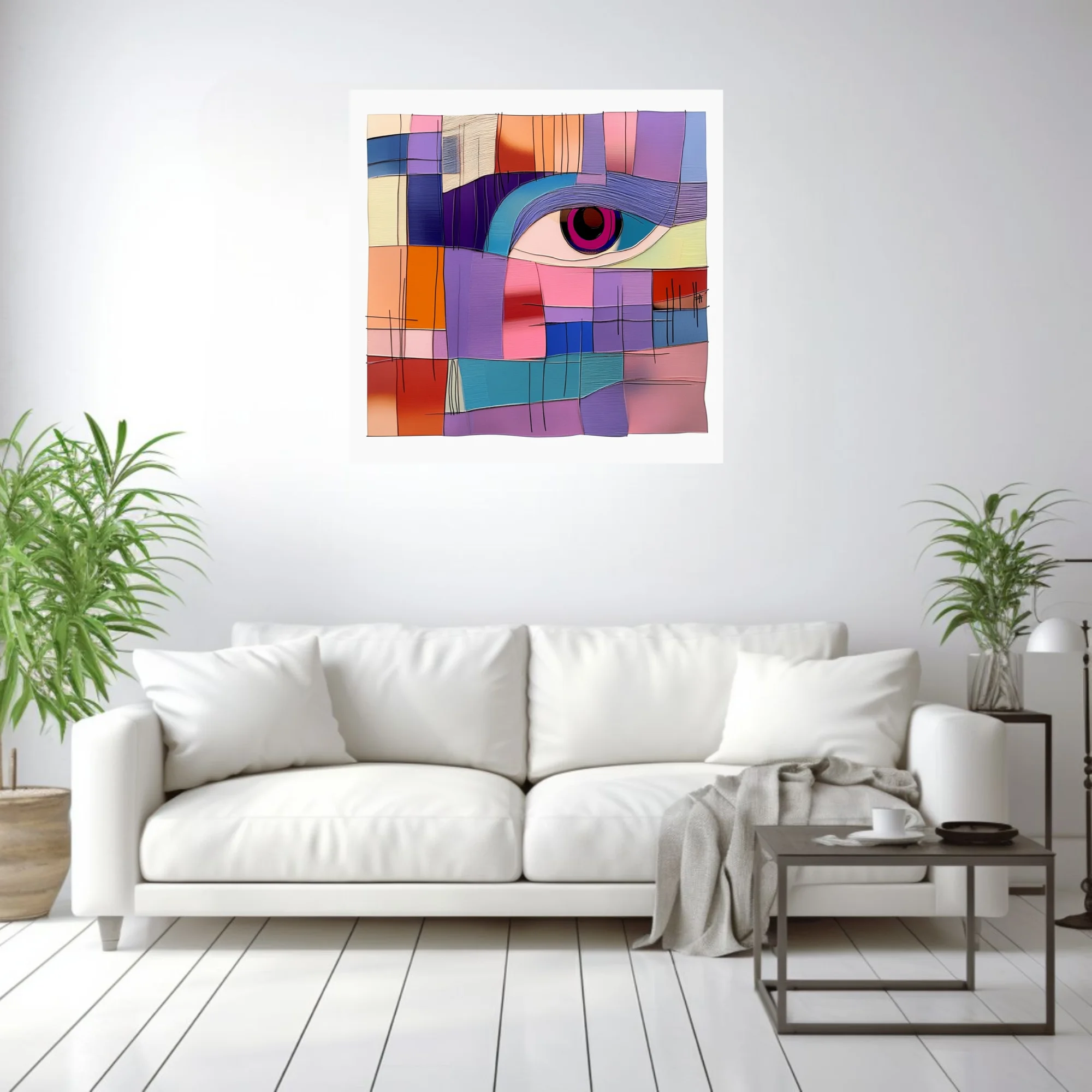 Geometric abstract face with vivid jewel-toned eye, geometric color block patchwork