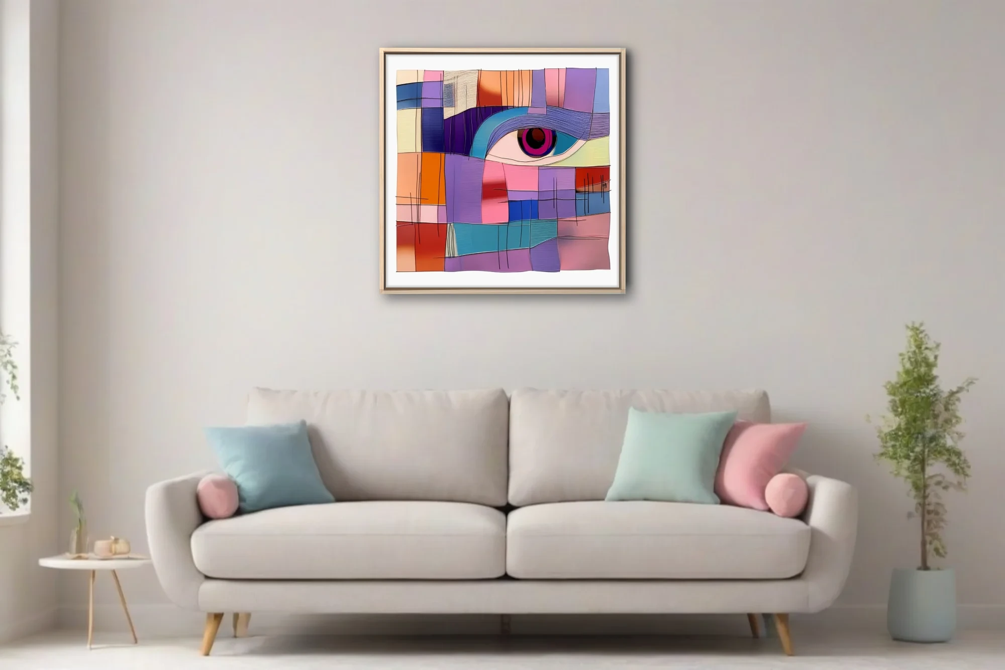 Geometric abstract face with vivid jewel-toned eye, geometric color block patchwork